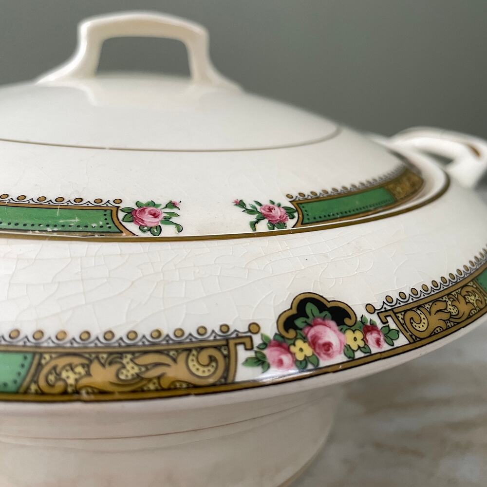 Vintage 1920s Crooksville China Ivora Covered Serving Dish - Rose Gold Trim USA